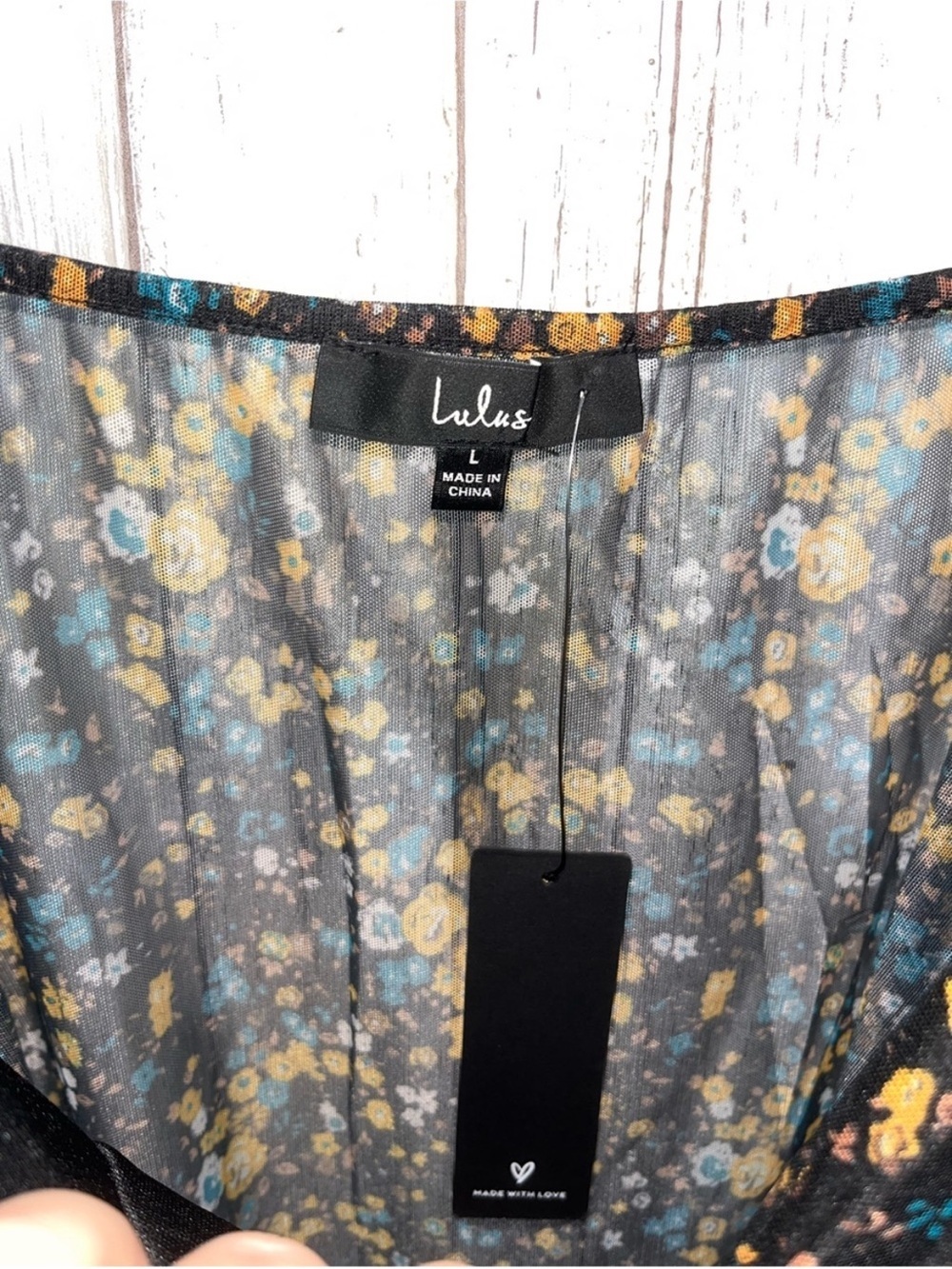 Lulus Black Floral Twist Front Sheer Sleeve Bodysuit Size Large - Picture 7 of 7